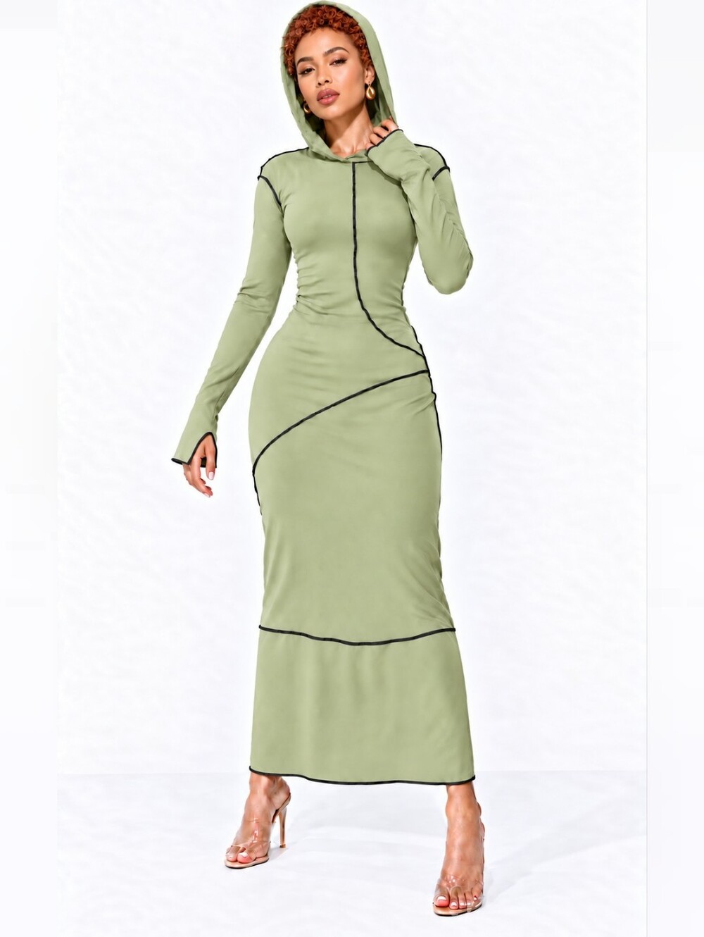 Cyber Grunge Hooded Bodycon Maxi Dress with Contrast Stitch NWOT